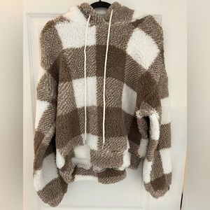 Shein fuzzy brown plaid hooded sweatshirt with strings. Size large.